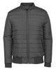 A black puffer bomber jacket with a zip-front and ribbed cuffs, featuring a logo on the collar.