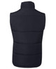 A black padded vest with a high collar and quilted design, featuring a logo on the back.