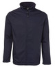 A black jacket with a zip front, stand-up collar, and long sleeves. Features a logo on the chest.