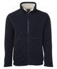 A navy fleece jacket with a high collar and zip closure, featuring a soft interior and a branding logo.