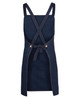 A navy blue cross back denim apron featuring a tied waist and a logo. Suitable for workwear use.