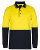 A long-sleeve cotton polo shirt in yellow and navy blue, featuring a pocket and a branding logo.