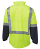 A lime and navy work jacket with reflective strips on the back. The sleeves are navy, and it features a collar.