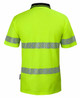 A lime green polo shirt with navy collar and segmented reflective stripes on the back. Features a logo.