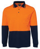 An orange and navy long-sleeve cotton polo shirt with a chest pocket and a logo.