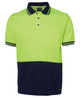 A polo shirt featuring a bright yellow-green upper section and a navy blue lower section, with a pocket and a logo.