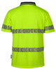 A bright yellow safety polo shirt featuring reflective stripes and a collar, with a logo present.
