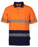An orange polo shirt with grey reflective stripes and a navy blue bottom section, featuring a pocket and logo.