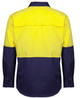 A long-sleeve work shirt in fluorescent yellow and navy blue, featuring a logo on the back.