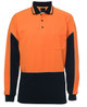 An orange and black long-sleeve polo shirt with a pocket and logo. Suitable for workwear.