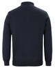 A navy knitted jumper featuring a half-zip collar and a ribbed hem, showcasing a plain design and a logo.