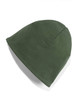 A green knitted beanie, featuring a simple design and a subtle logo, laying flat on a white background.