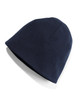 A navy blue knitted beanie, featuring a simple design and a logo. Ideal for casual wear.