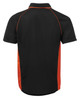 A black polo shirt with orange accents and a logo, featuring a classic collared design and short sleeves.