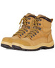 A pair of tan boots featuring yellow laces, a sturdy sole, and a logo on the side.