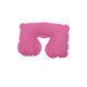 A pink inflatable travel pillow with a contoured shape for neck support, featuring a logo.