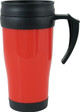 A travel mug in red with a black lid and handle, featuring a logo on the surface. Double-walled, 450ml capacity.