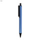 A blue metal pen with a black clip and a pointed tip, featuring a logo.