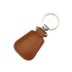 A rustic brown leather key ring with a silver metal attachment. It features a smooth, stitched design.