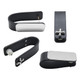 A black leather key holder featuring a shiny silver plate and a decorative attachment. It has a sleek, modern design.