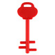 A red mobile key stand with a key shape and a handle for easy use. It also features a logo.