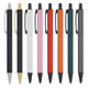 A collection of metal pens in various colours: black, gold, white, pink, red, orange, teal, and dark grey.