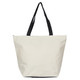 A large beige tote bag with black straps and a simple design, featuring a logo on one side.