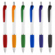 A range of six plastic pens in red, orange, green, blue, purple, and black, each with a white body and silver accents.