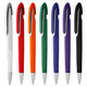 A set of plastic pens in white, red, orange, green, blue, purple, and black, each featuring a logo.