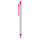 A plastic pen in white with pink accents and a transparent pink section, featuring a clip and a branded logo.