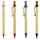 A collection of four recycled cardboard pens in silver, red, blue, and black with a logo on the body.