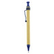 A recycled cardboard pen with a blue top and grip, featuring a stylus tip and a logo.