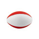 A red and white stress football with a smooth surface and a branding logo on it.