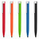 A collection of five stylus pens in red, orange, green, blue, and black, each with a silver clip and tip.
