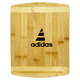 A bamboo cutting board featuring a sleek design with a logo. The board has a natural finish with a smooth surface.