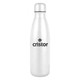 A drink bottle made of stainless steel, featuring a silver finish and a logo.