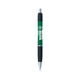 A green and black pen featuring a logo, designed for writing.