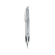 A silver pen with a grip section, featuring a logo on its side. Designed for writing.