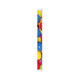A branded carpenter pencil featuring a colourful design with blue, yellow, and red circular shapes and a logo.