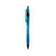 A metallic curved pen in vibrant blue with a black tip, featuring a logo on its body.
