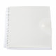 A white spiral-bound notepad with a clear cover and a button closure. It features a logo on the front.