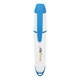 A highlighter in white and blue with a textured grip and a logo. The cap is blue, and the body is white.