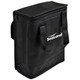 A black cooler bag with a zip closure and carrying handles. It features a logo on the front.