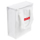 A white cooler bag with a zip closure and two handles, featuring a logo on the front.