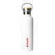 A drink bottle in white with a stainless steel lid and a wooden top, featuring a logo.