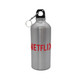 A drink bottle in silver with a black cap and a logo. It has a sleek, metallic finish.