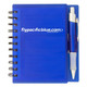 A blue notepad with a spiral binding and a matching pen attached. The notepad features a logo on the cover.