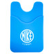 A blue phone wallet with a textured design and a logo. Features a pocket for cards or cash.