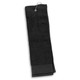A black golf towel with a loop for easy hanging.