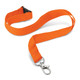 An orange lanyard with a clip at one end and a plastic buckle on the other. It has a logo on the fabric.